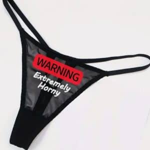 String noir en nylon avec imprimer warning extremely horny
